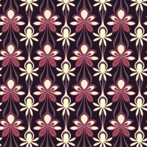 Small Scale Art Deco Floral in Vermillion, Ivory, and Eggplant