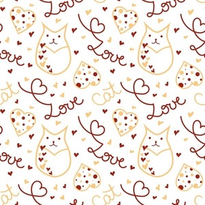 Romantic Illustration of Cats, Hearts, Dots and Handwritten Text on white bg
