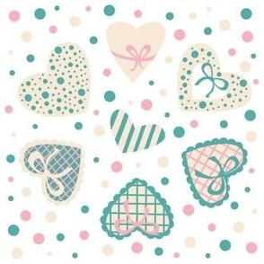 Hearts and Polka Dots in Turquoise, Pink and Beige Colors