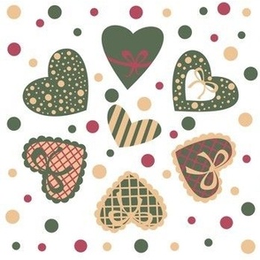 Hearts and Polka Dots in Green, Beige and Magenta Colors