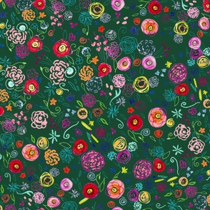 Colorful Ditsy Floral Doodle // Deep Forest (Large Scale)