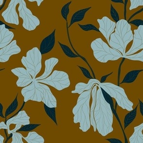 Wilted flowers and leaves in pale blue and retro mustard medium scale