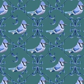 [Small] Blue Jay Feathers Damask on Ivy Vine Green