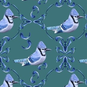 [Medium] Blue Jay Feathers Damask on Ivy Vine Green