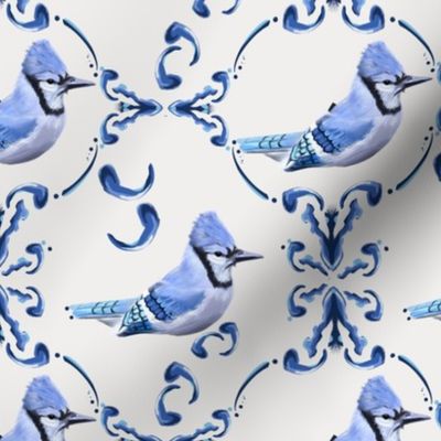[Medium] Blue Jay Damask on Cream