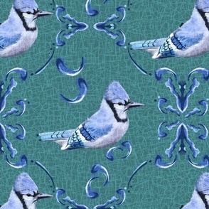 [Medium] Blue Jay Feathers Damask Textured on Ivy Vine Green