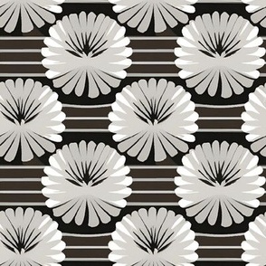 White Art Deco Dahlias on Horizontal Stripes