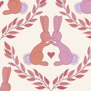 420 - Large scale kissing bunny rabbits in diamond trellis rosy lavender with leaves, foliage and branches.  Forest animals, cute pets, fluffy bunnies with love hearts for valentines, kids apparel, children accessories, nursery decor and crafts. 