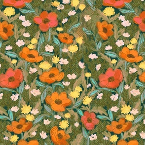 Wonderful floral in muted green, orange, mint