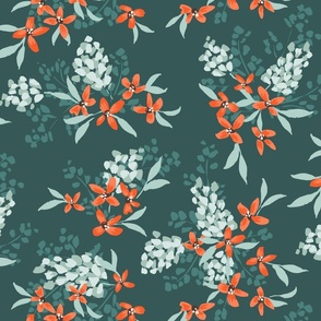 Flourishing floral bouquet - deep-teal, orange, mint-blue // big scale