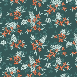 Flourishing floral bouquet - deep-teal, orange, mint-blue // medium scale