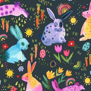 Easter Spring forest - Colorful bunnies and rabbits floral - Kids easter - Charcoal - Jumbo Large
