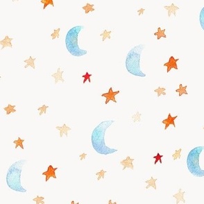 night dreams - watercolor baby blue moons and terracotta stars - night sky for babies nursery b090-2