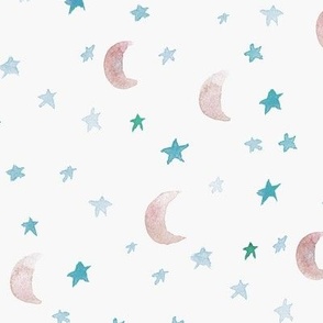 Tender night dreams - watercolor emerald and tan moons and stars - night sky for babies nursery b090-4