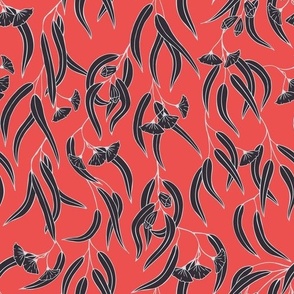 Stylized black and white eucalyptus leaves and flowers on red