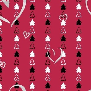 Abstract black and white arrows on a viva magenta background with hearts