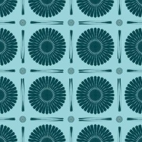 Gems - Astrisks Flower Grid with Mandala - Deep Teal on Light Teal