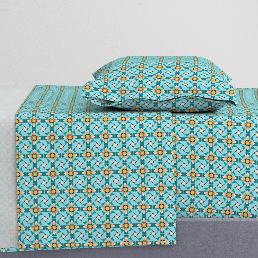 Gems - Folksy Fanfare and Cross Grid with Gradation - Deep Teal on Light Teal