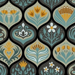 Scandinavian Ogee Tiles in Turquoise, Sage, and Saffron on Black
