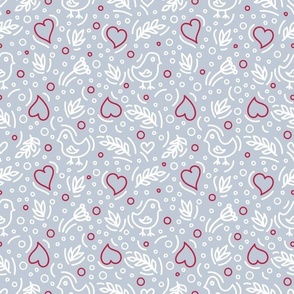 Birds, Hearts, Brunches, Dots in Doodle Style on gray bg