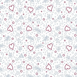 Birds, Hearts, Brunches, Dots in Doodle Style on white bg