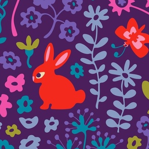 Bunny Rabbit Floral in Sweet Brights Red Purple Pink Blue Green - LARGE Scale - UnBlink Studio by Jackie Tahara