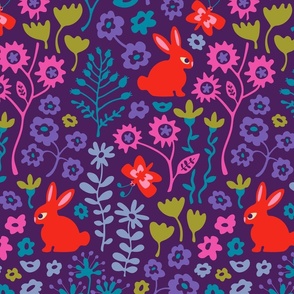 Bunny Rabbit Floral in Sweet Brights Red Purple Pink Blue Green - MEDIUM Scale - UnBlink Studio by Jackie Tahara