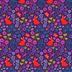 Bunny Rabbit Floral in Sweet Brights Red Purple Pink Blue Green - SMALL Scale - UnBlink Studio by Jackie Tahara