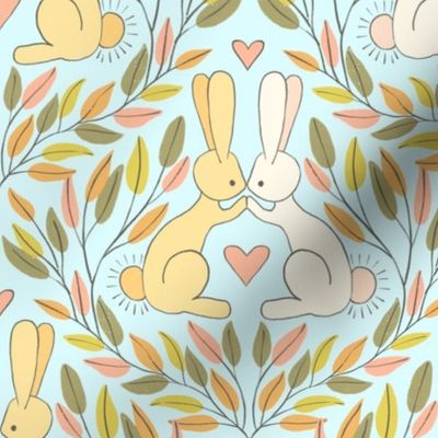 421 - Jumbo large scale kissing bunny rabbits in baby blue, green and yellow diamond trellis with leaves, foliage and branches.  Forest animals, cute pets, fluffy bunnies with love hearts for valentines, kids apparel, children accessories, nursery decor a