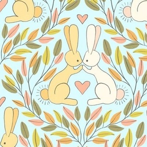 421 - Jumbo large scale kissing bunny rabbits in baby blue, green and yellow diamond trellis with leaves, foliage and branches.  Forest animals, cute pets, fluffy bunnies with love hearts for valentines, kids apparel, children accessories, nursery decor a