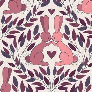421 - Jumbo large scale kissing bunny rabbits in purple lavender rose diamond trellis with leaves, foliage and branches.  Forest animals, cute pets, fluffy bunnies with love hearts for valentines, kids apparel, children accessories, nursery decor and craf