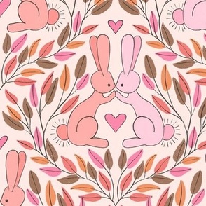 421 - Jumbo large scale kissing bunny rabbits in olive and watermelon pink and apricot diamond trellis with leaves, foliage and branches.  Forest animals, cute pets, fluffy bunnies with love hearts for valentines, kids apparel, children accessories, nurse