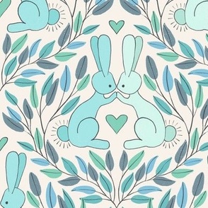421 - Jumbo large scale kissing bunny rabbits in mint green, aqua and turquoise diamond trellis with leaves, foliage and branches.  Forest animals, cute pets, fluffy bunnies with love hearts for valentines, kids apparel, children accessories, nursery deco