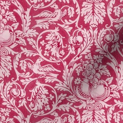 Queen Anne By William Morris- Viva Magenta -Leaves Birds And Fruit Damask - Antiqued Queen Anne Tea Towel