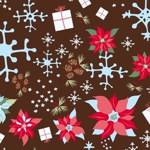 Festive Holiday Poinsettias on Dark Brown  - Medium