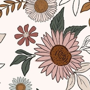 Large / Boho Earthy Sunflowers and Daisy / Off White - Sunflower Wallpaper
