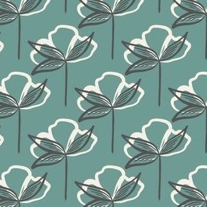 Floral - Opera Calm - White Flowers  on Teal
