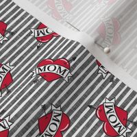(small scale) mom heart tattoo - red on grey stripes (tossed) - C22