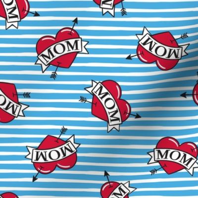 mom heart tattoo - red on blue stripes (tossed) - C22