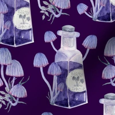 Purple Witch Potions and Mushrooms on Dark Background