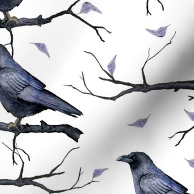 Purple Witch Pattern - Black Raven Bird on White Background