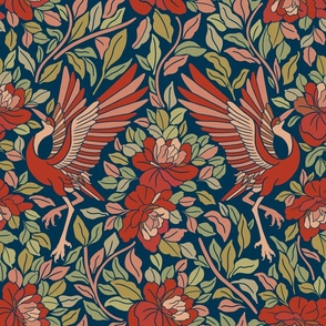 Symmetrical Red Swans - Liberty Style Flowers - Medium Size