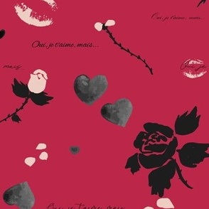 Valentine's Day design with silhouettes of roses, lips sending kisses, hearts and petals on viva magenta.