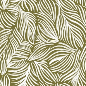 Painted Leaves Line Art - Olive Green and White 