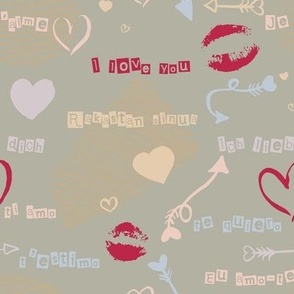Words of love, kisses, arrows and hearts on a khaki striped background. Medium 8 inches
