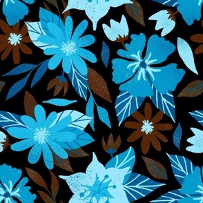 Brown and Blue Floral Flower Retro Pattern on Dark Background