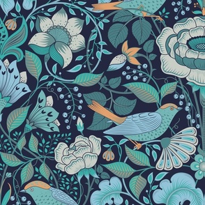 Large // Bird's Paradise blue in William morris style 