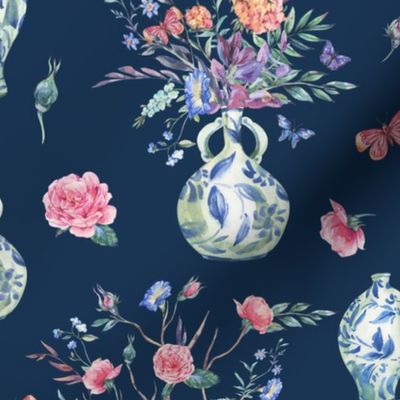 Elegant Porcelain Vases and Flowers on Navy Blue