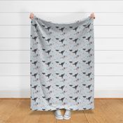 Dogs pooping, toilet wallpaper, vet scrubs. Malamute, pug, sausage dog, Great Dane shitting on light blue background. Small scale