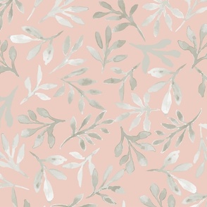 greyish watercolor leaves pink background